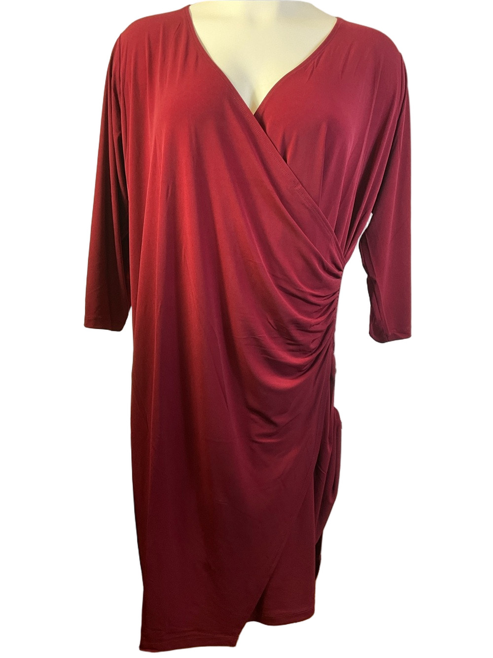 Susan Graver 3X Faux Wrap 3/4 Length Sleeves Deep Red Long Midi Dress NWOT